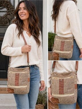 Mona B Waxed Canvas & Leather Crossbody Bag Tan Brown Rustic Boho Utility Bag